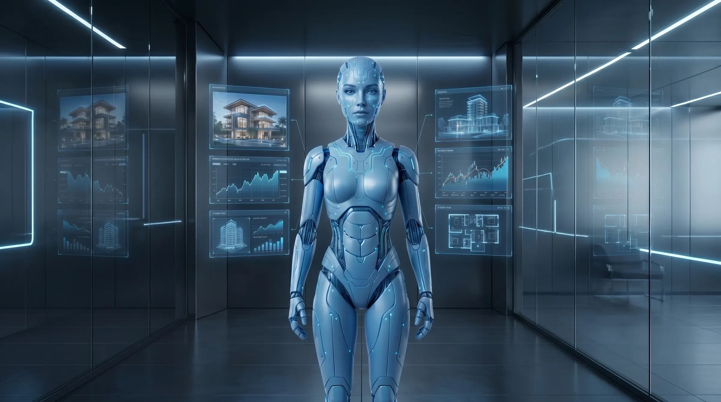 Aria, the eRealtor AI advisor, surrounded by property intelligence displays