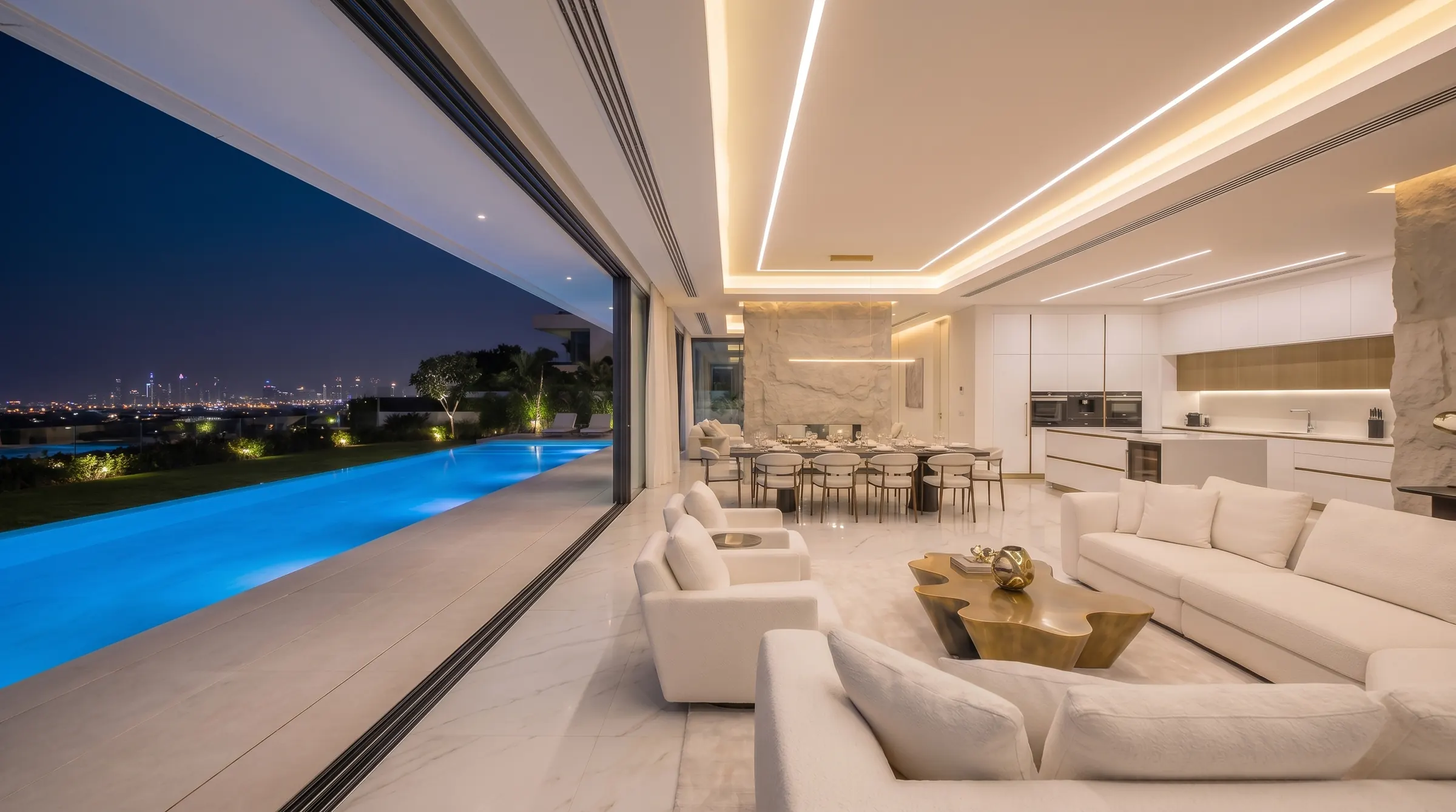A luxury residence interior at dusk