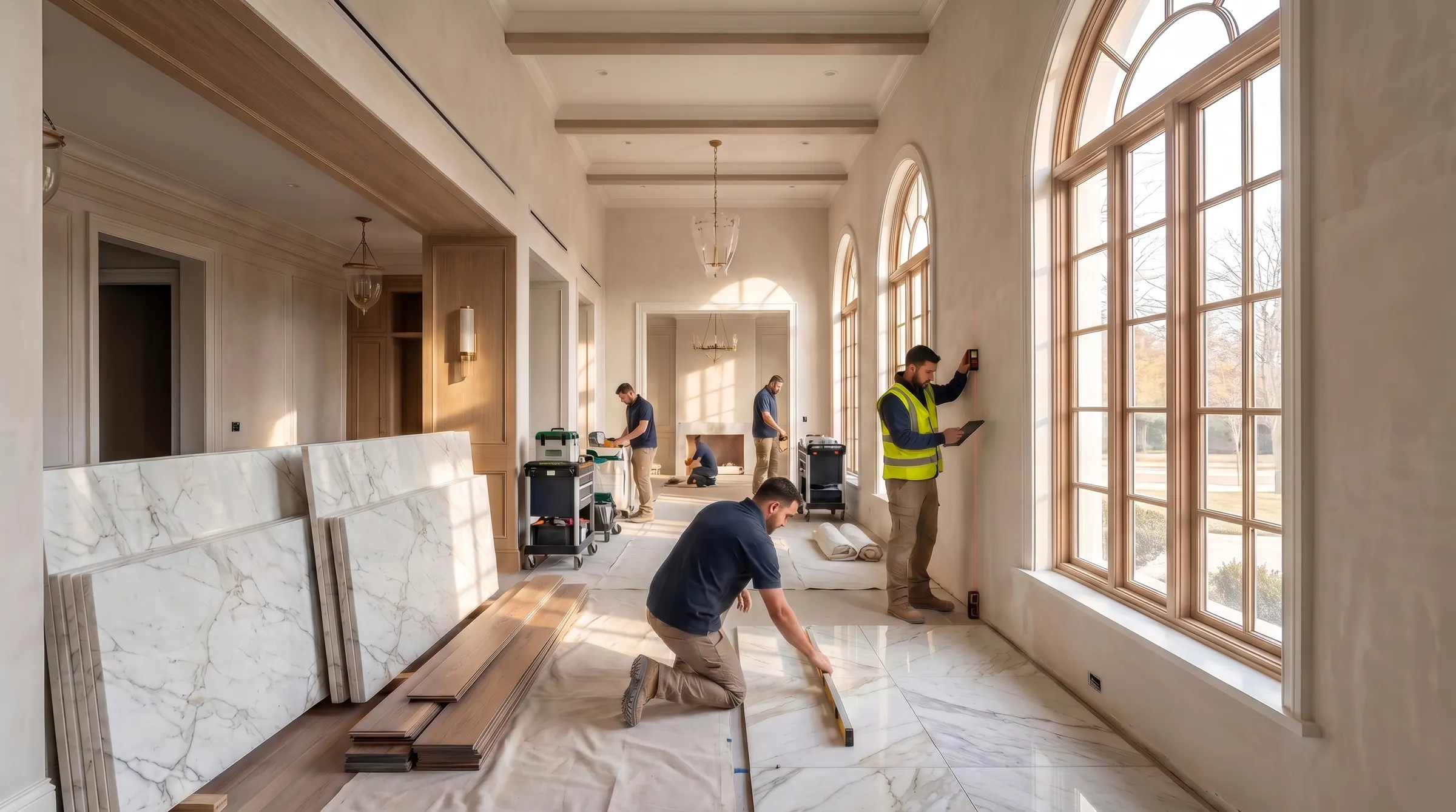 A classical interior being renovated with marble and timber