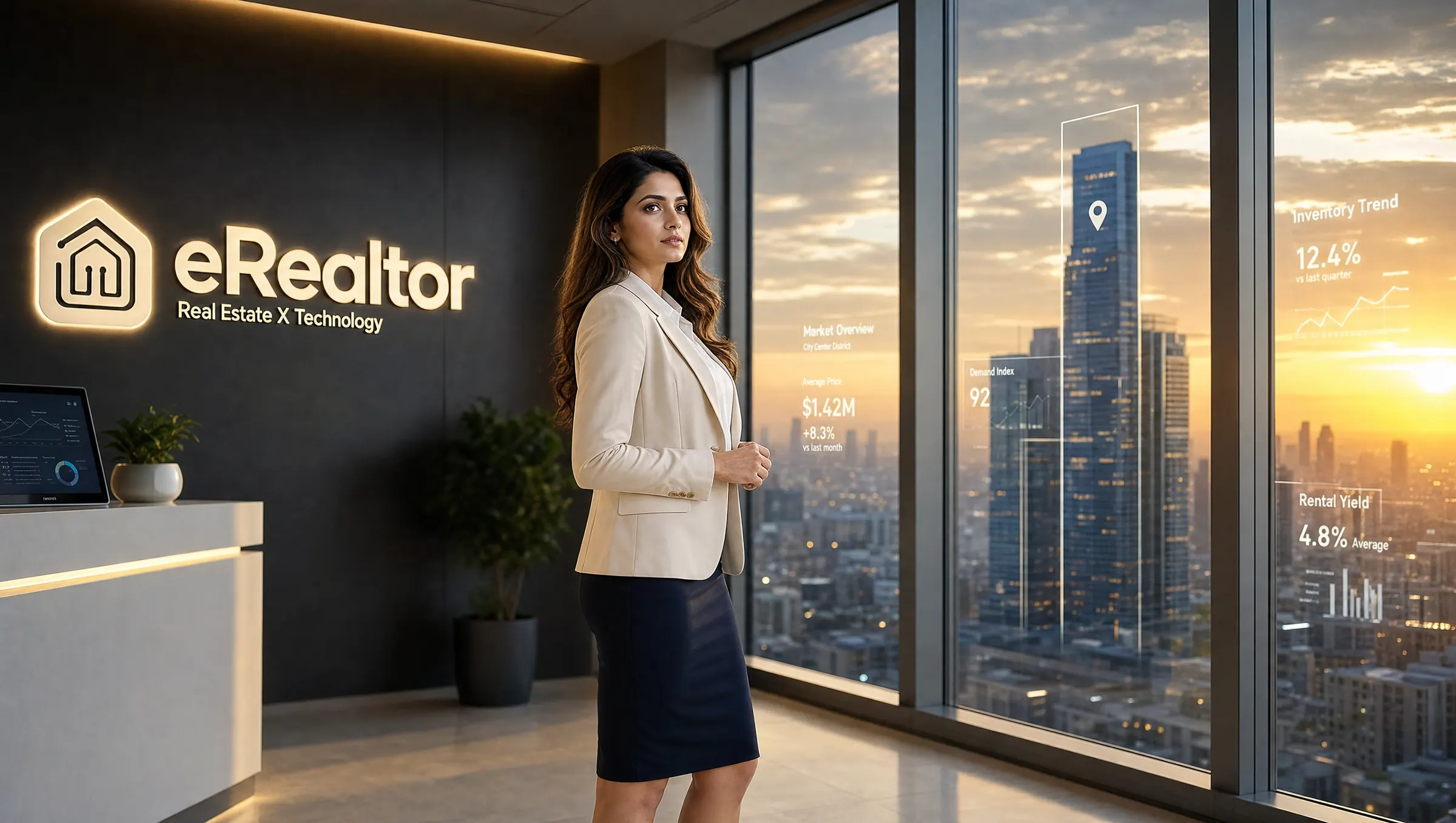 A woman at ease in a city office at sunset